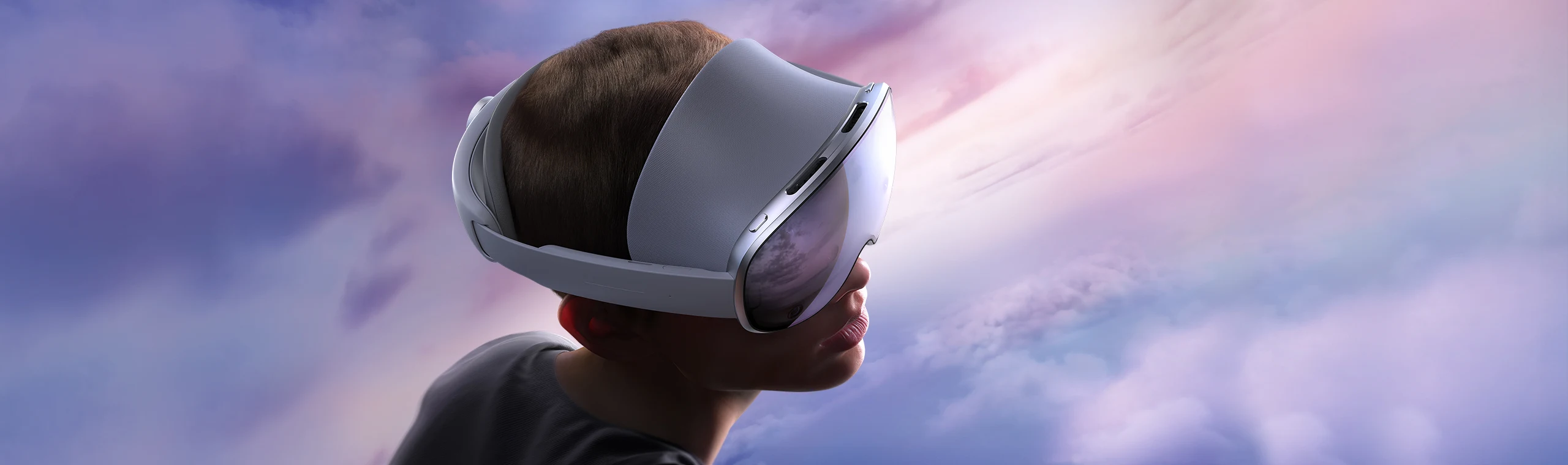 A person wearing Samsung’s Galaxy XR headset against a lavender sky