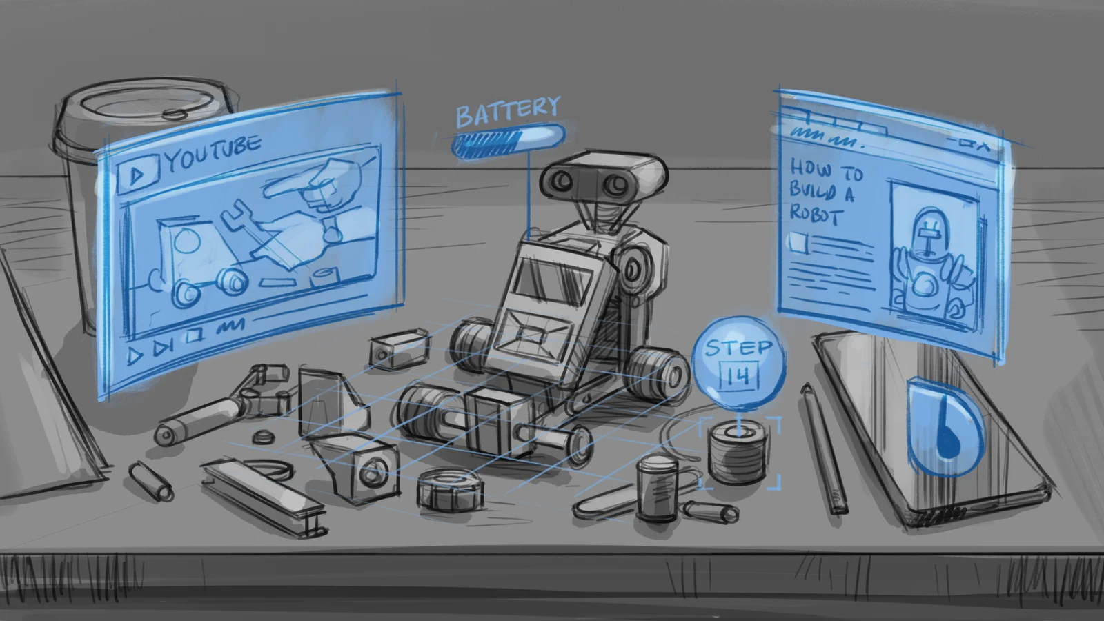 A robot-building workbench with virtual instructions, a video tutorial, and contextual controls