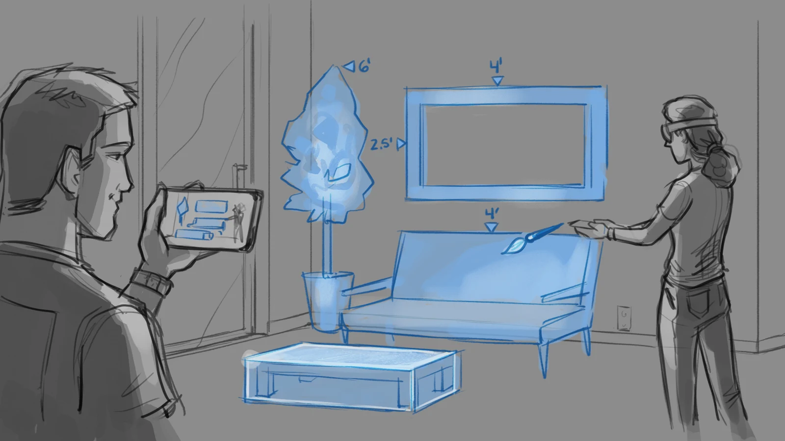 Two people arranging virtual screens and characters around a living room