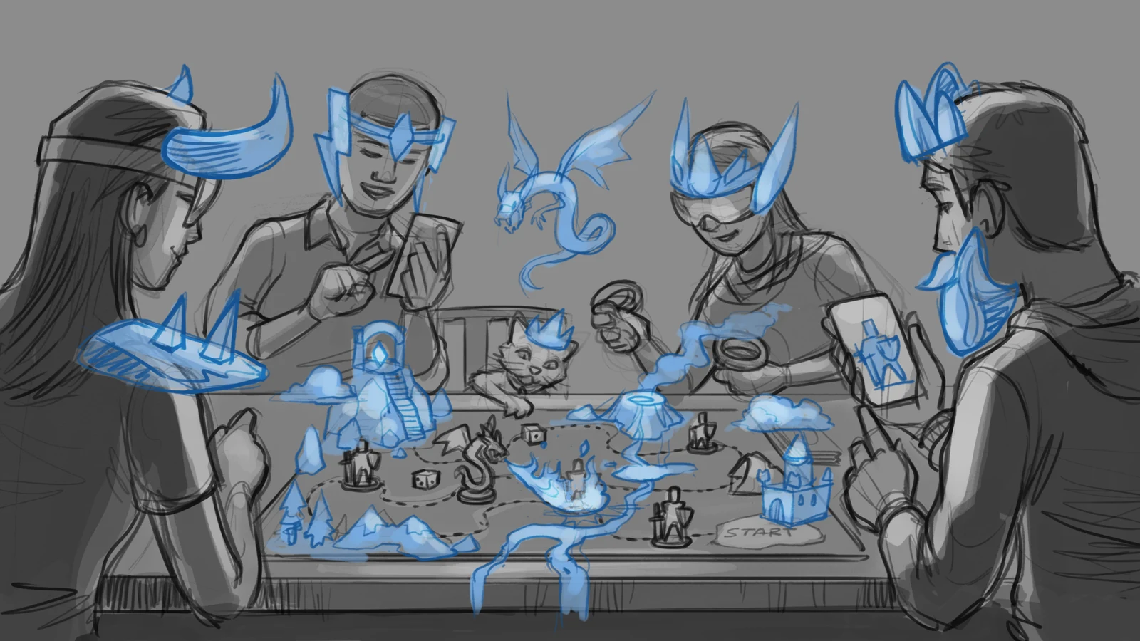 Four friends around a tabletop game, with virtual creatures and costumes seen through AR headsets