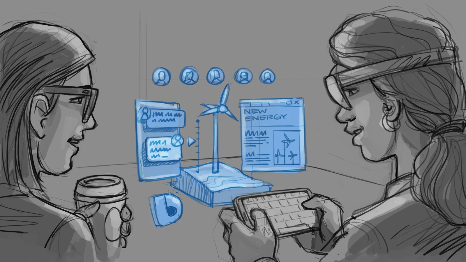Two people at a cafe sharing virtual documents and interface panels
